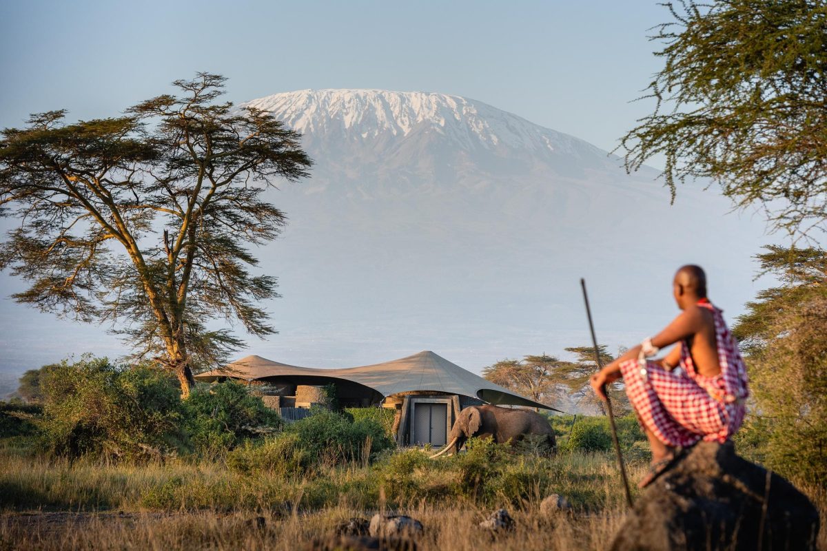 Guest Suite Elephant Mount Kilimanjaro and Maasai Warrior ©Angama Amboseli